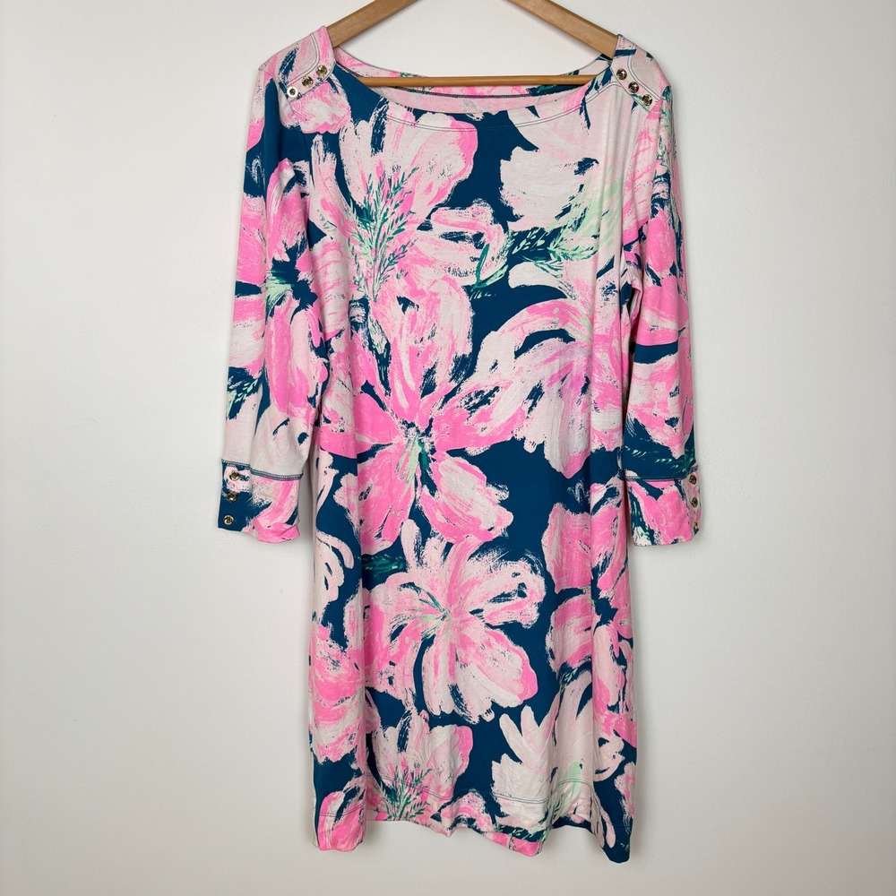 Lilly Pulitzer Womens Pink Floral Sophie Dress XL Boat Neck 3/4 Sleeve Preppy